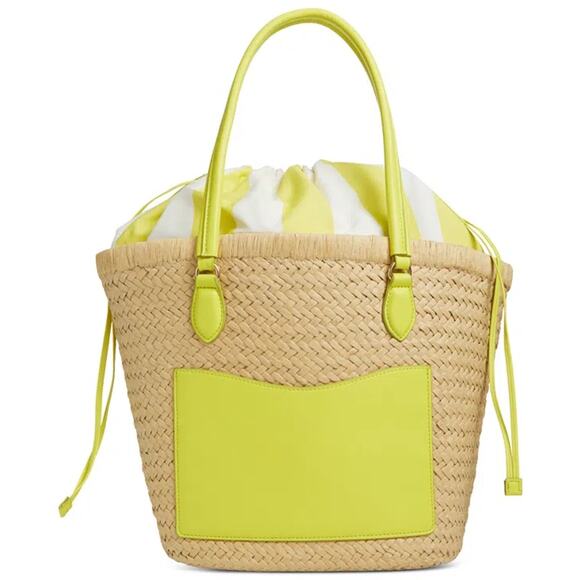 On 34th Isabellaa Straw Medium Drawstring Tote In Lime White - Picture 1 of 2